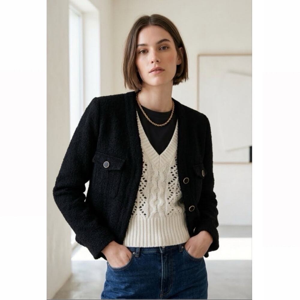 Suncoo Paris Dina Black Tweed Bouclé Jacket Size Small Preppy Chic Old money